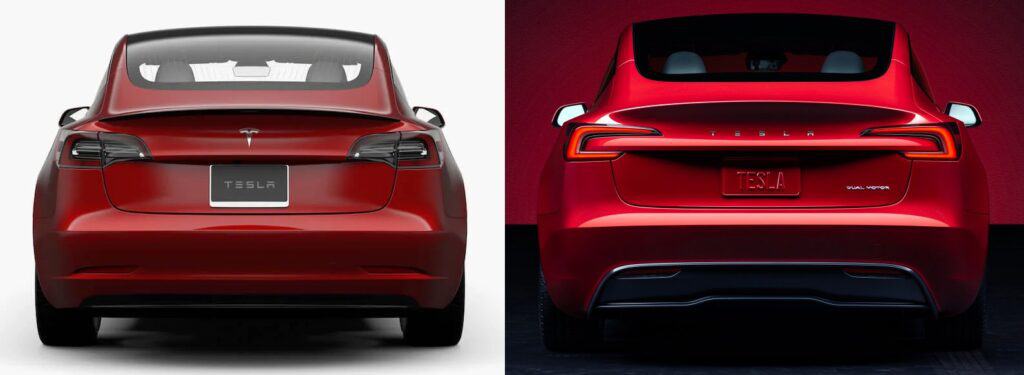 Tesla Model 3 Heck Unterschied 2022 zu 2023 Highland. Mit Schriftzug und ohne Logo.